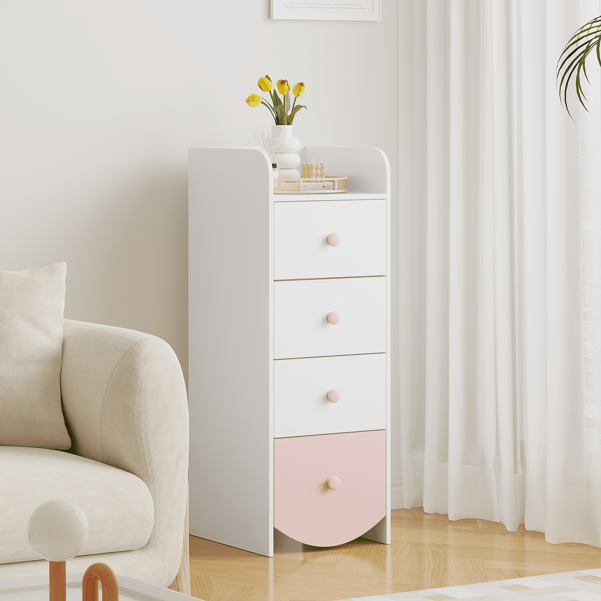 White Slim Dresser with 4 Drawers Space-Saving Narrow Kids Bedroom Storage Chest