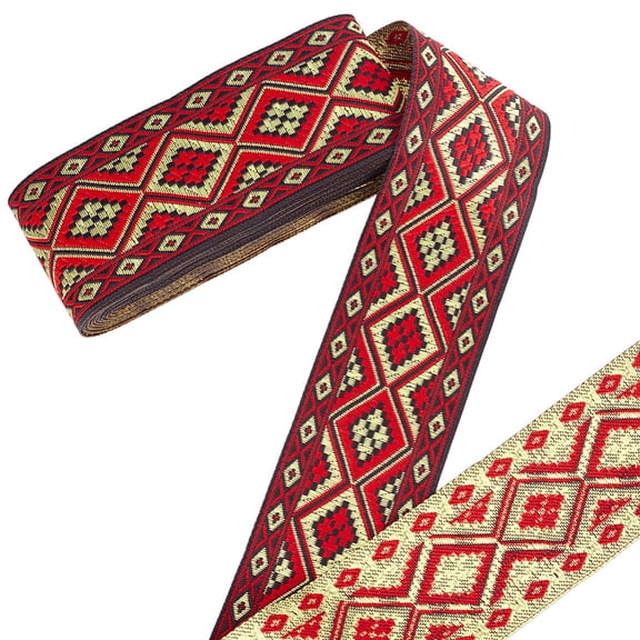 1pc 7M Ethnic style Embroidery Polyester Ribbons Jacquard Ribbon Tyrolean Ribbon Garment Accessories Rhombus Pattern Dark Red 2 inch(50mm) about 7.66 Yards(7m)/pc