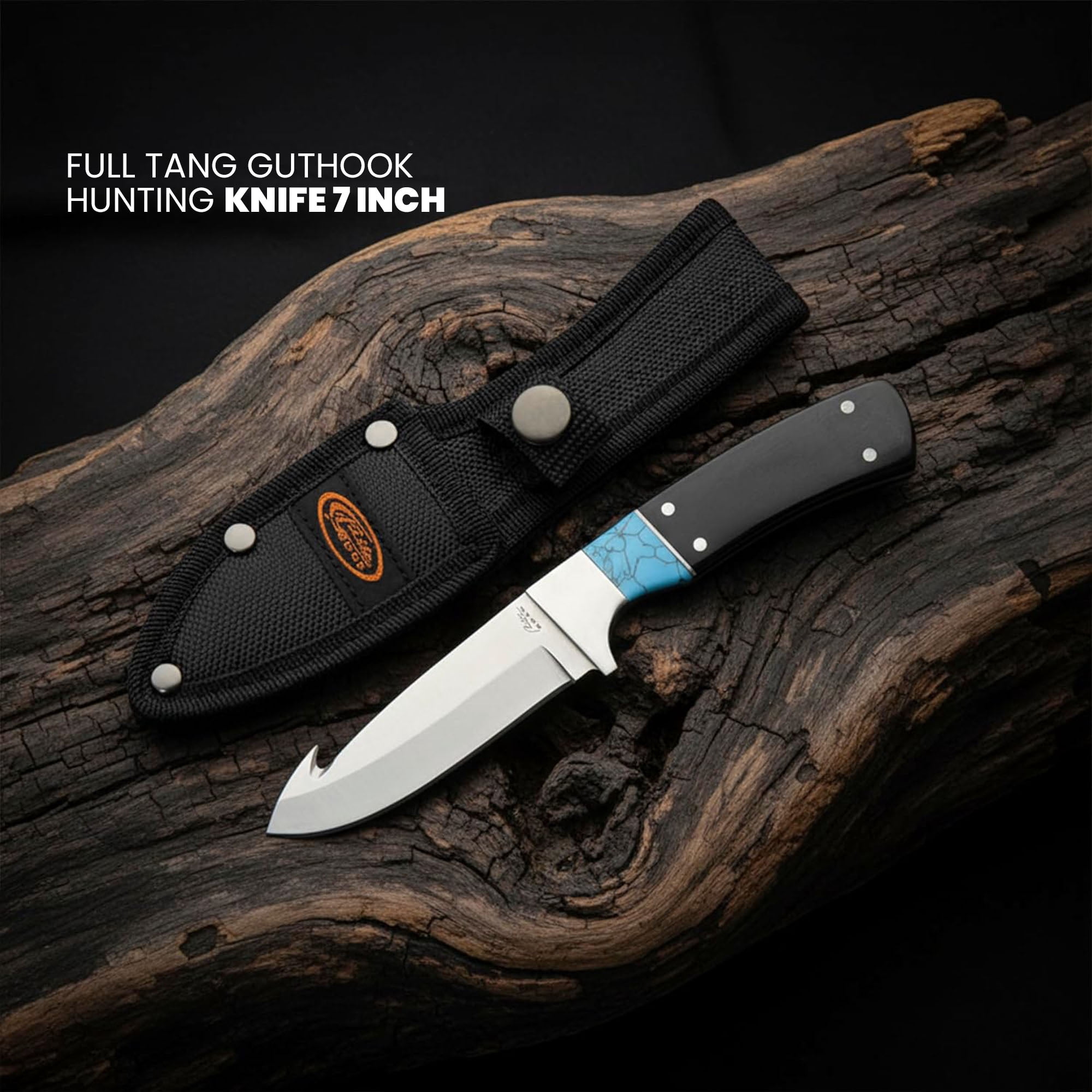 Rite Edge 7 Inch Guthook Knife Turquoise Spacer 3CR13 Stainless Steel Blade Pakkawood Handle Full Tang Hunting Knife with Nylon Sheath