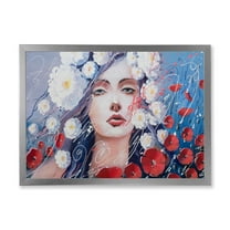 Designart 'Portrait Of A Young Lady With Red & White Flowers' Traditional Framed Art Print