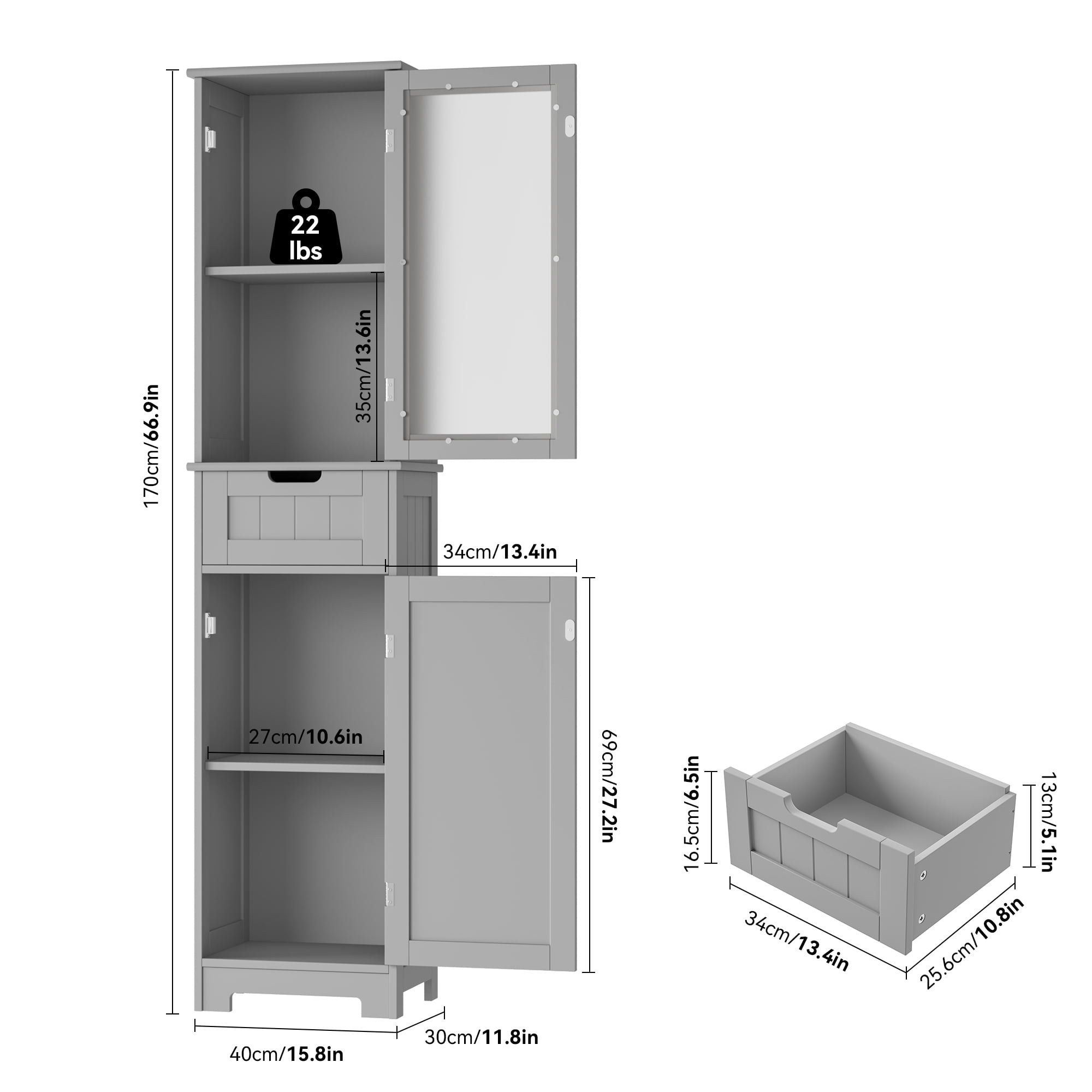 Homfa Bathroom Storage Tower, Narrow Linen Cabinet with Door and Drawers, Tall Bathroom Storage Cabinet for Small Spaces, Gray