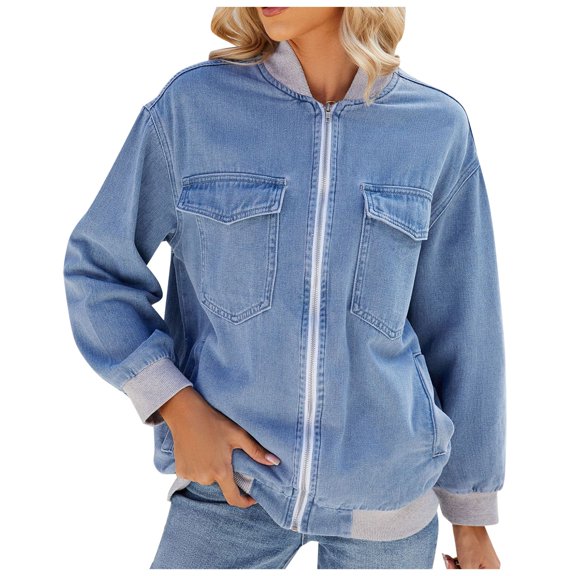 Women's Oversized Long Sleeve Denim Jacket Drop Shoulder Pocket Zip Up Coat