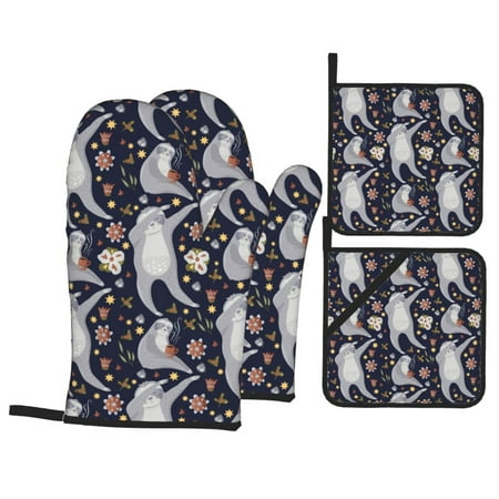 

Oven Mitts and Pot Holders 4 pcs Set Sloths Dancing Heat Resistant Pot Holders Oven Mitts for kitchen Non-Slip Hanging Loop Oven Glove Potholders for Baking Cooking