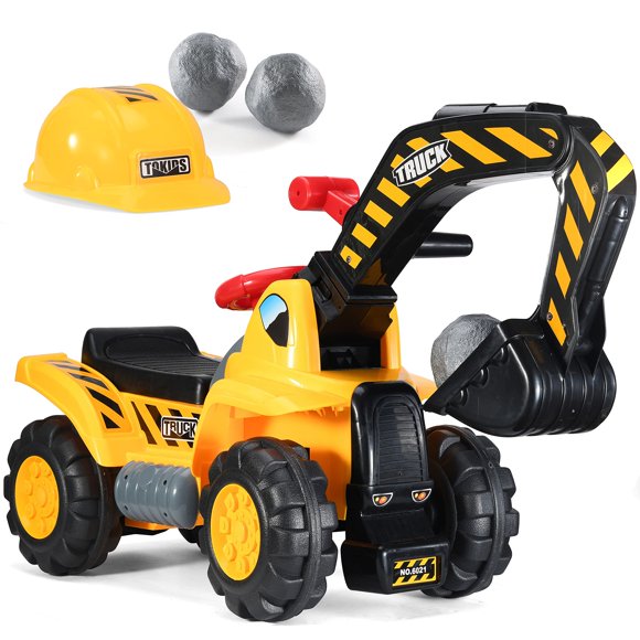 Play22 Tractores de juguete para niños que viajan en excavadora - Sonidos musicales Excavadora Scooter Bulldozer Incluye casco con rocas - Juego de simulación - Camión de construcción para niños peque