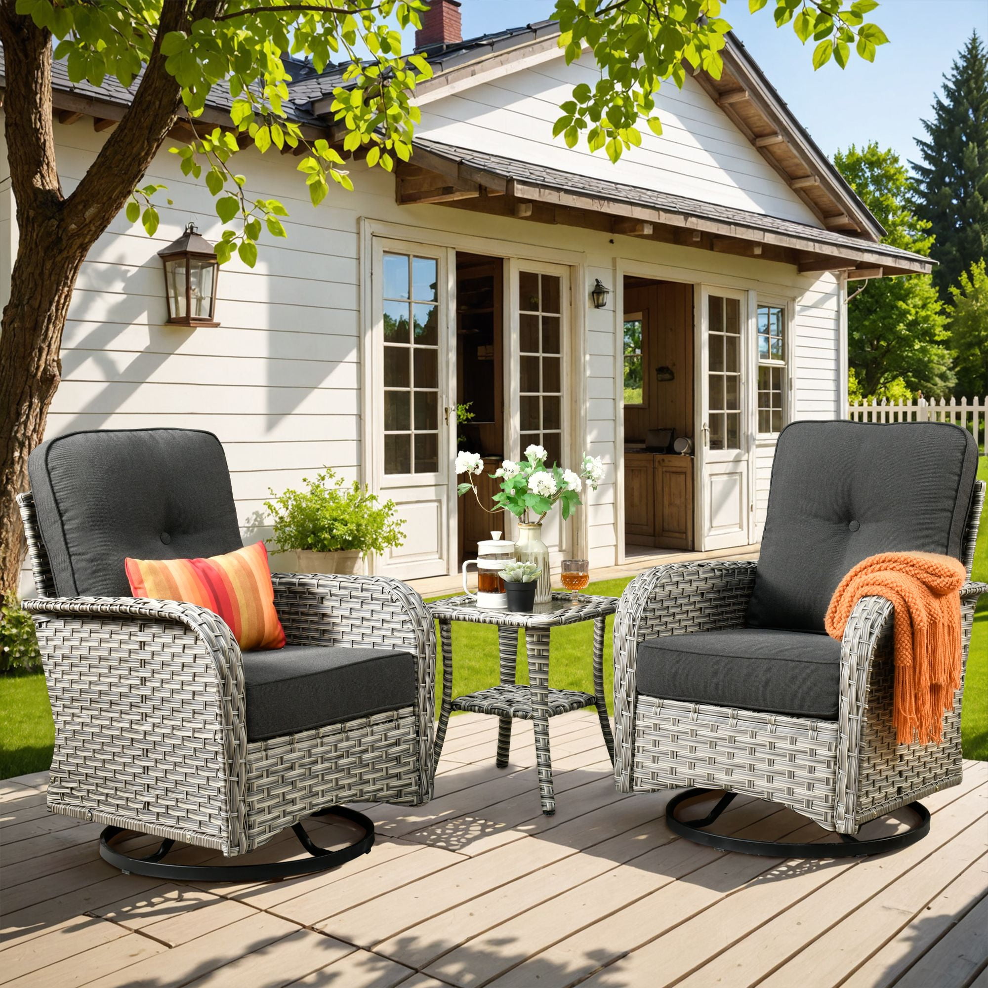 Vcatnet 3 Pieces Outdoor Patio Furniture Wicker Swivel Rocking Chair Swivel Rocker Patio Chairs Set of 2 with Side Table for Porch, Backyard, Black