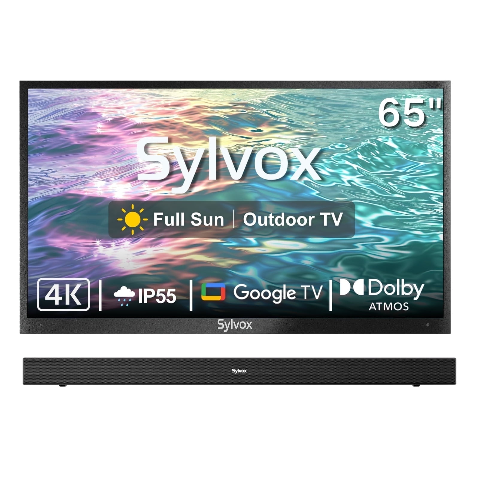 SYLVOX 65" Full Sun Outdoor TV with Soundbar, IP55 Weatherproof Television, IP65 Waterproof Soundbar, 4K UHD Google TV 2000Nits Brightness for Full Sun (Pool Pro 2.0)