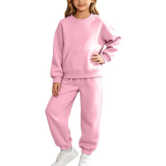 Cethrio Girls Outfit Sets Size 14, Long Sleeve Casual Fleece-lined 2 PC Sweatshirts and Sweatpants Sets Pink