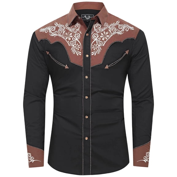 SXCXLSA Western Shirts For Mens Long Sleeve Button Collar Cowboy Embroidered Shirt Regular Fit Classic Basic Tops With Floral Design Brown L
