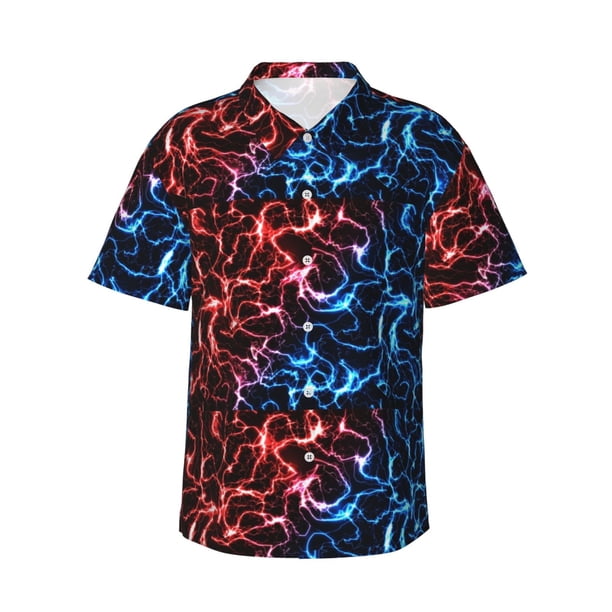 Balery Red And Blue Lightning Camisas hawaianas de manga corta para hombre, camisas playeras de corte holgado, camisas de vacaciones con botones,3X-Large