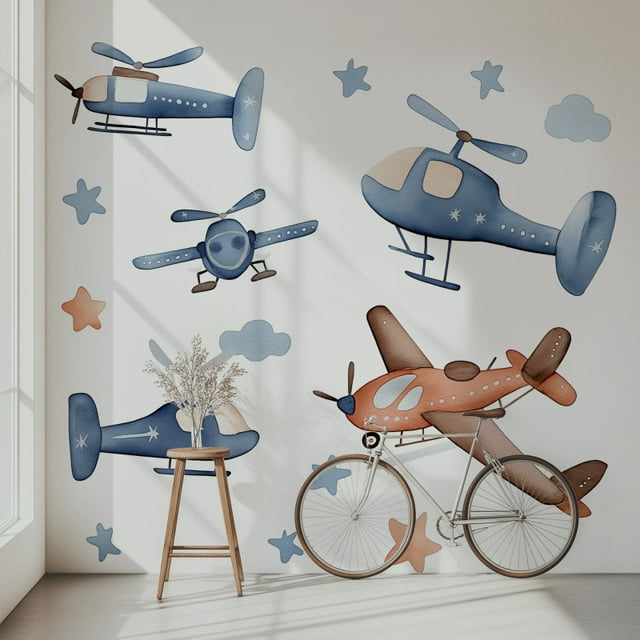 Adhesivos de pared con dibujos animados de aviones, helicópteros, nubes, estrellas,