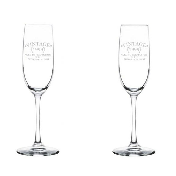 Set of 2 Glass Champagne Flutes Sparkling Wine Glasses Cheers To 25 Years Vintage 1999 25th Birthday (8 oz Stemmed)