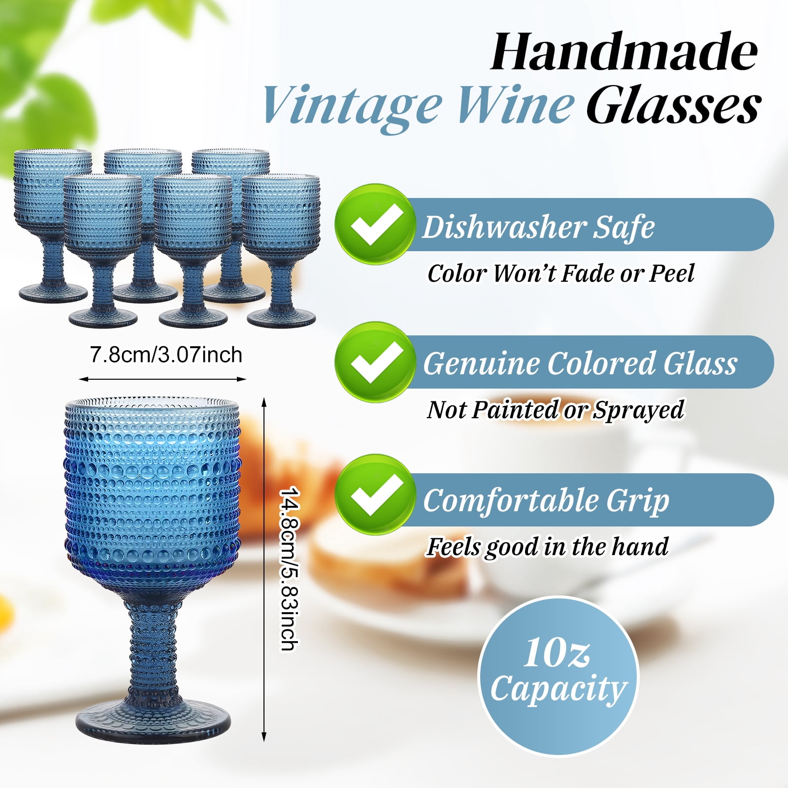10 Oz Glass Wine Glasses, Set of 6 Stemmed Small Wine Glasses, 300ml Vintage Dot Relief Cups, Blue