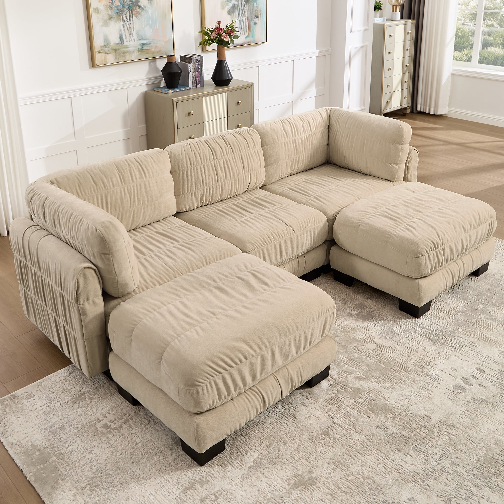109" U Shape 3 Seat Chenille Modular Sectional Sofa with 2 Movable Ottomans and L Shape Back Cushions