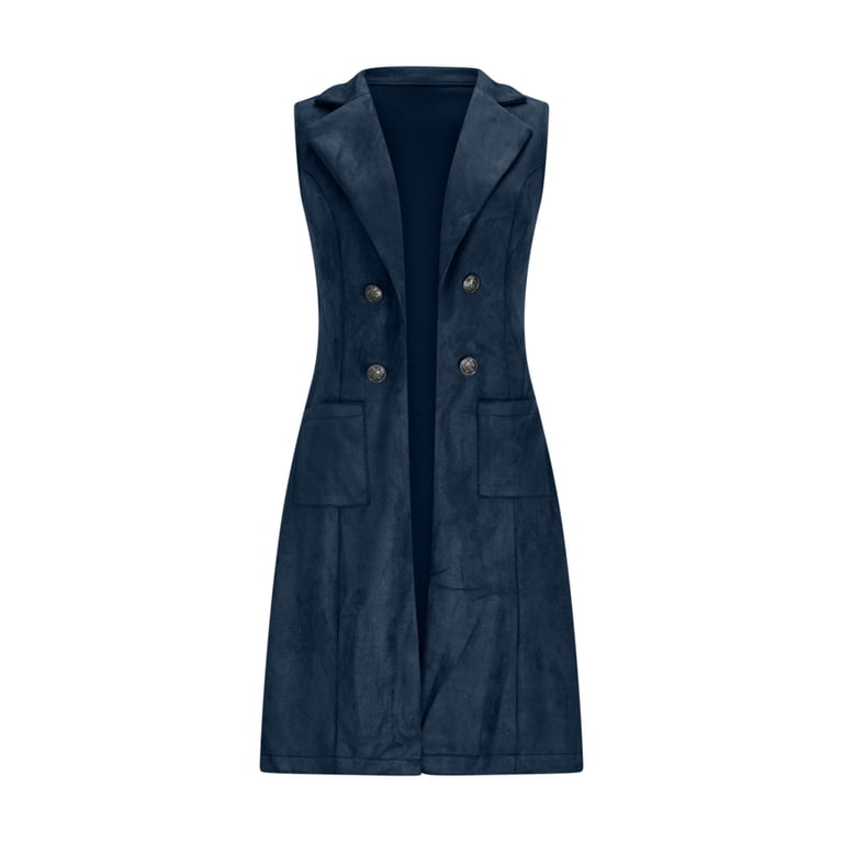Dazajoo Long Vest for Women Sleeveless Suede Jackets with Pockets Business  Casual Office Work Vests,Navy,M