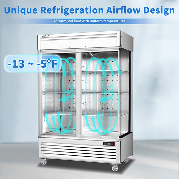 Coolake 54" W Commercial Freezer, 49 Cu Ft Soild Door Upright Freezer with 8 Adjustable Shelves, Frost-free Stainless Steel Industrial Reach-in Freezer for School Restaurant Church Prep Kitchen