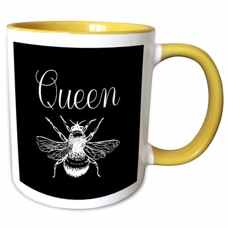 3drose, Queen Bee. White Script and Bee Clipart on a Black Background., 15oz Two-tone Yellow Mug