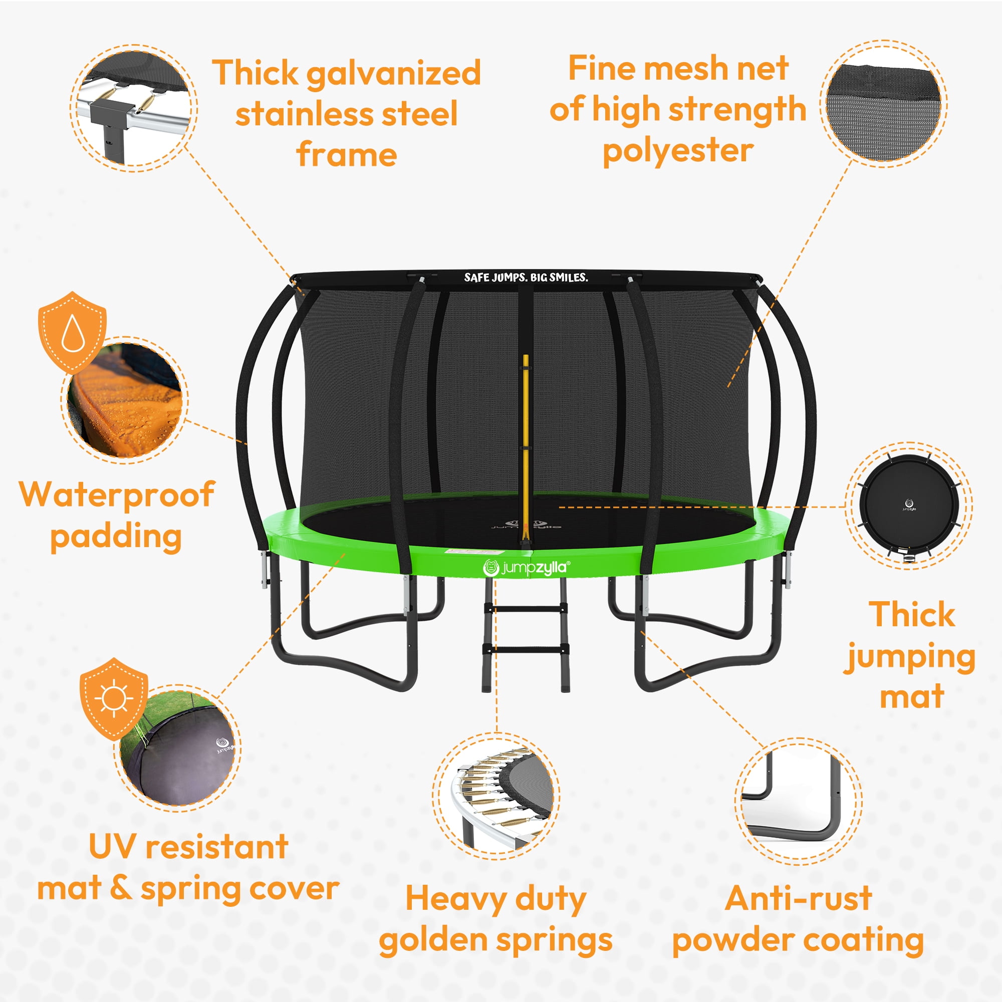 JUMPZYLLA Trampoline Outdoor with Enclosure and Ladder, ASTM, 10 ft, Green