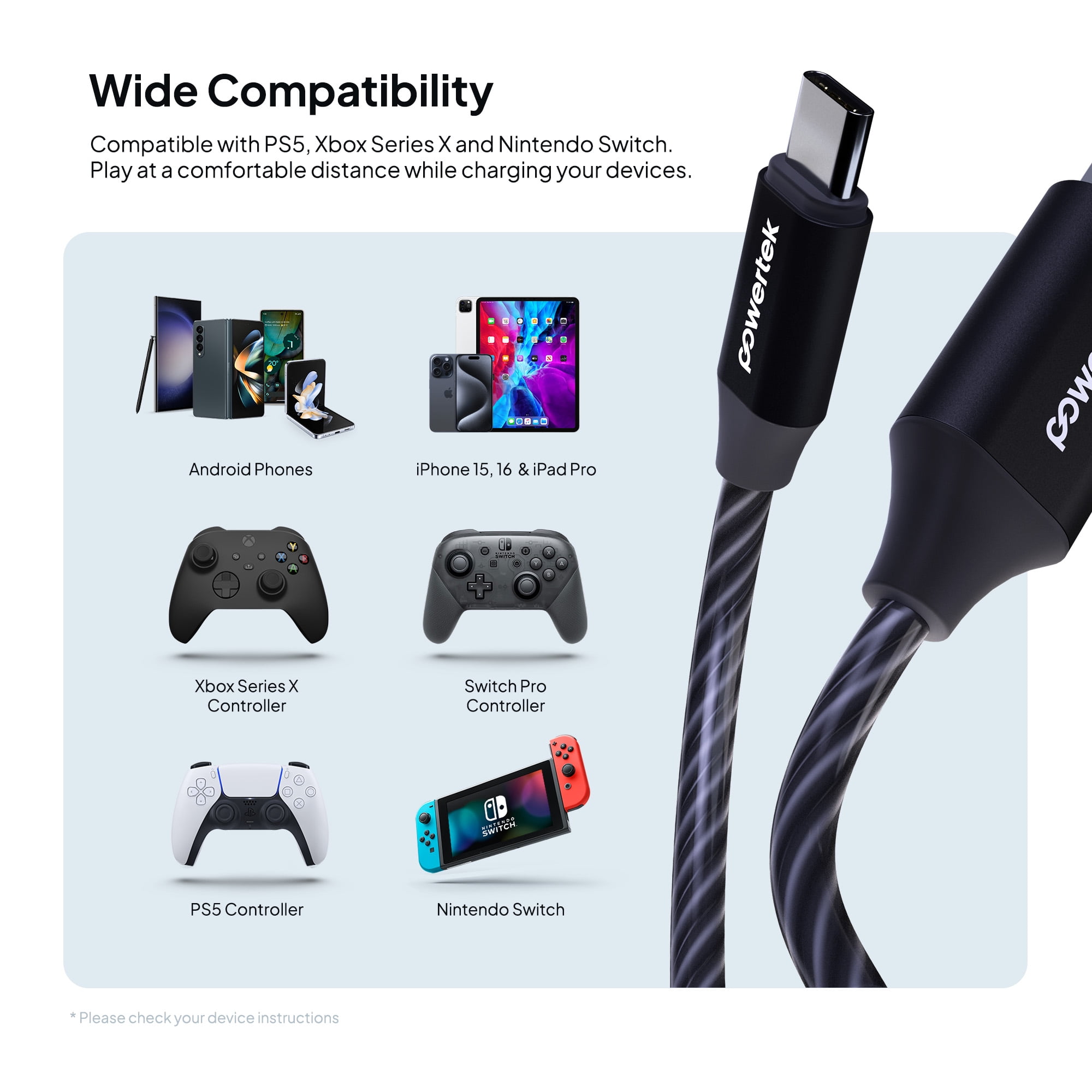 Powertek Light-Up USB-A to USB-C Charging Cable, 5 ft, Black