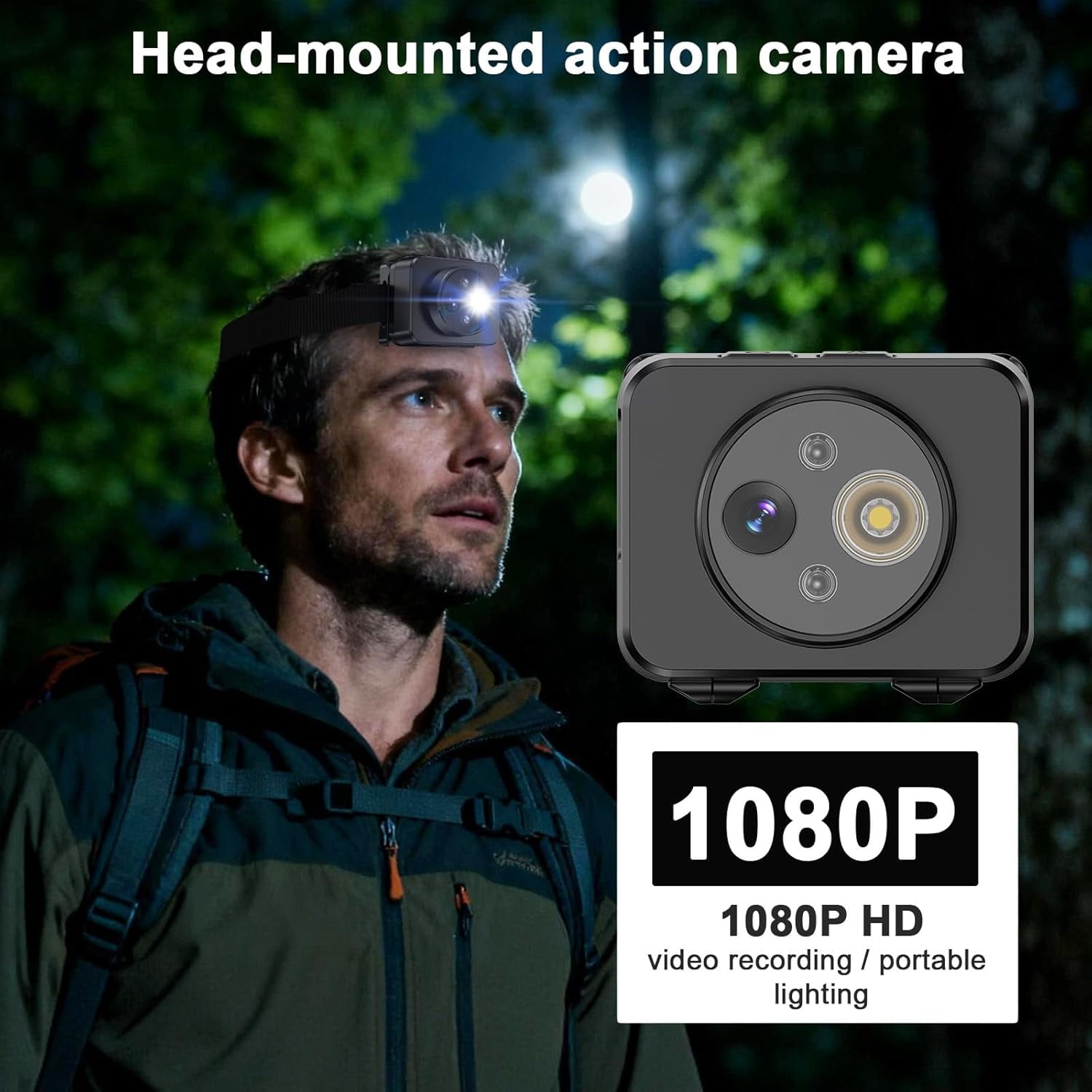Head-Mounted Camera,LED headlamp,1080P HD Body Action Camera,Wearable Video Recording,Smart Sensing Control Shock-Absorbing Cam,Suitable for Nighttime Activities: Electricians,Cycling,Fishing,Hiking