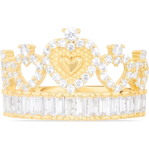 Floreo 10k Yellow Gold 13mm CZ Heart Crown Openwork Baguette Ring, Sizes 4 - 11