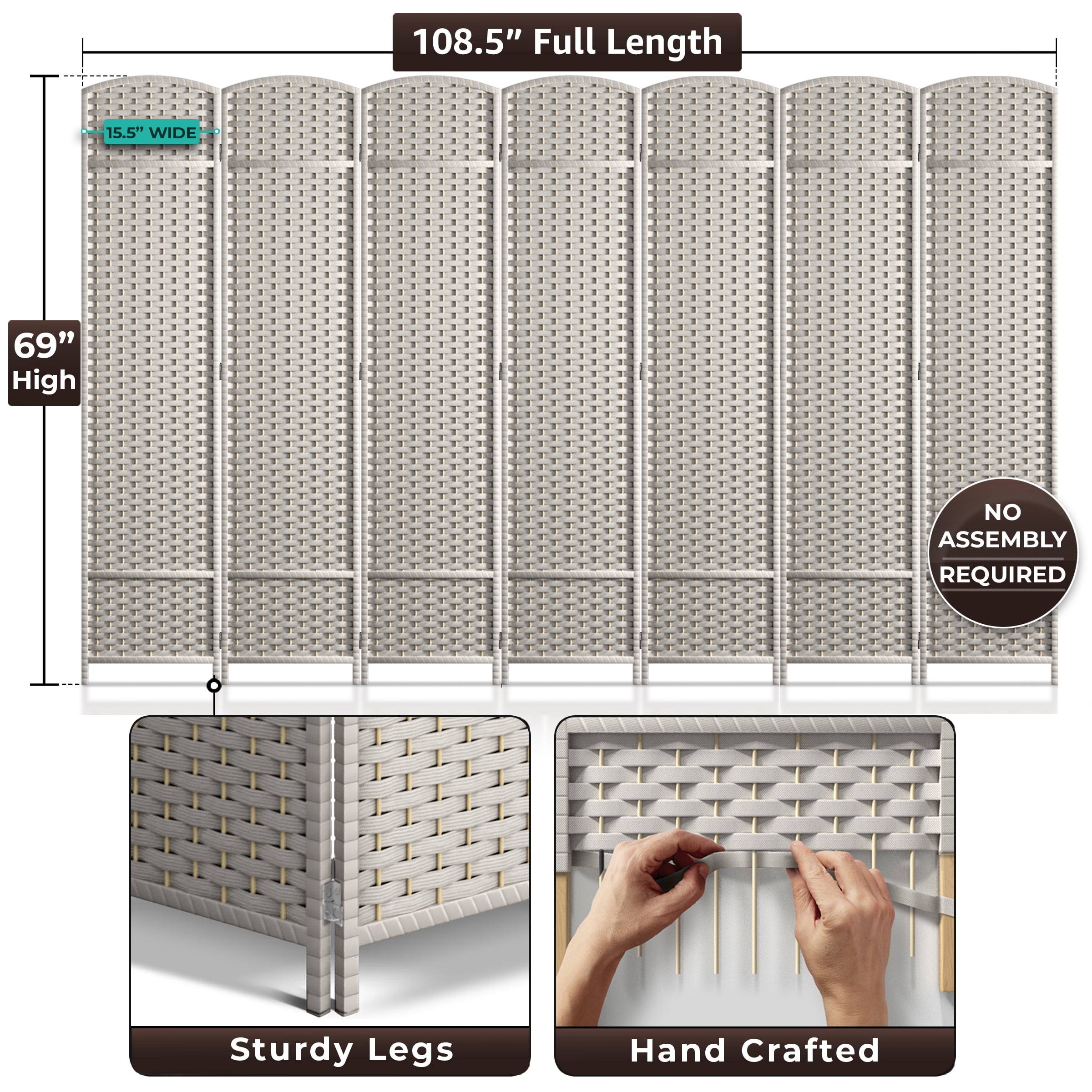 Sorbus 7-Panel Wide Folding Room Divider Privacy Screen, Hand-Woven Beige Mesh