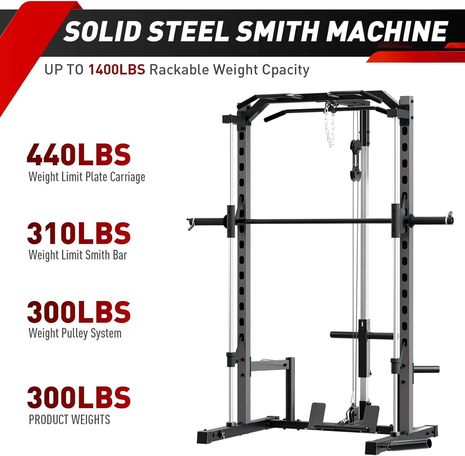 VIBESPARK Smith Machine Power Rack with Lat-Pull Down Pulley System & Cable Row, Multi-Functional Squat Rack Cage with Barbell Bar, Landmine, Pull-up Bar and More Attachment for Home Gym