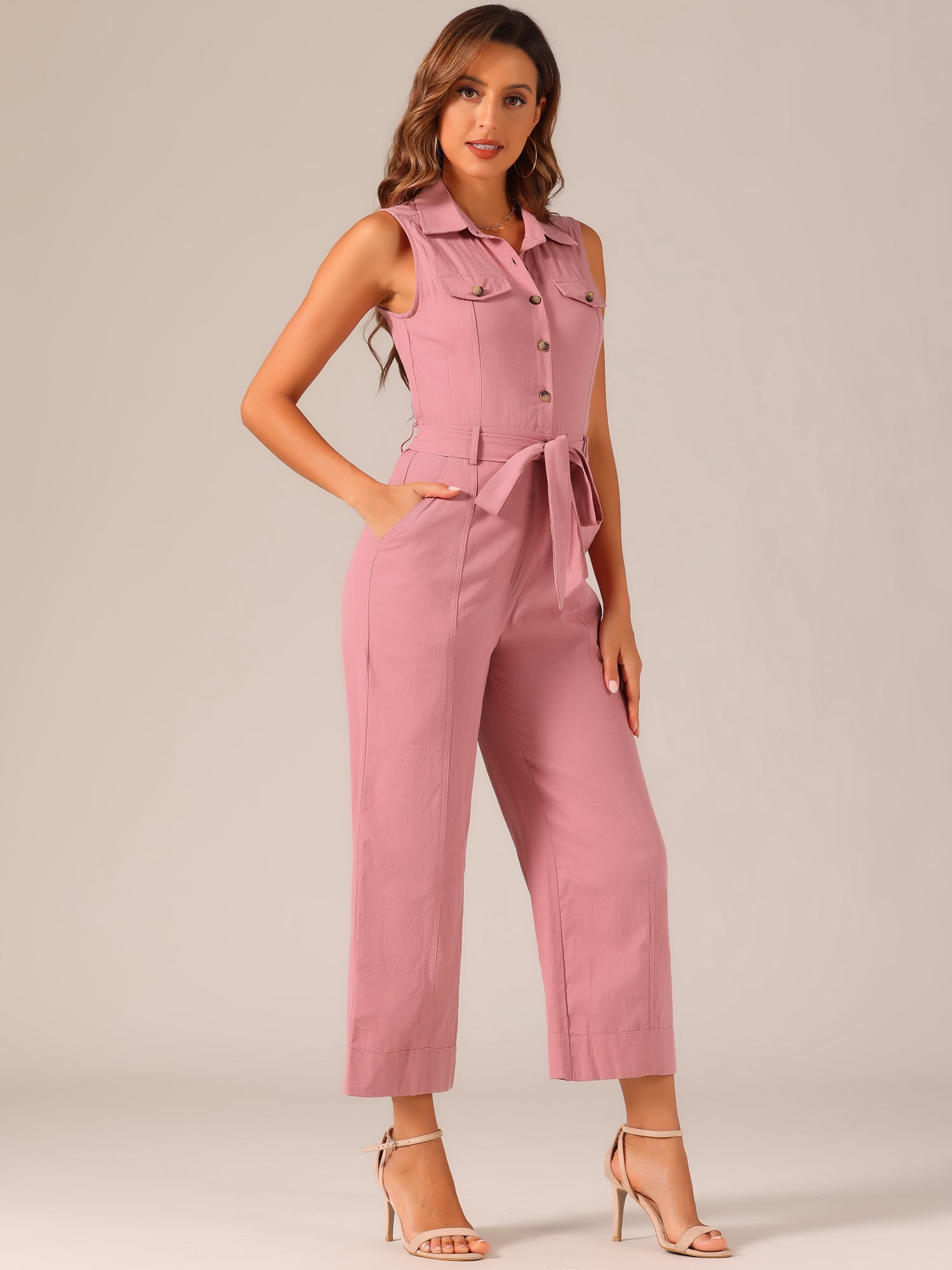 DARING DIVA Women's Wide Leg Jumpsuit Collared Tie Waist Coverall L Pink