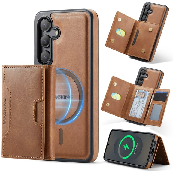 For Samsung Galaxy S25 Case Compatible with MagSafe, Detachable Magnetic 2 in 1 Wallet Card PU Leather Back Flip Cover with Kickstand RFID Blocking Shockproof TPU Bumper for Men Women,Brown