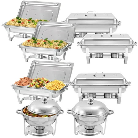 

PRIJESSE 8 Pack Chafing Dish Rectangular 8QT Full pan×4+1/3 pan×2+Round 6QT×2 Chafers Stainless Steel Catering Buffet Warmer Set for Parties Events Wedding Dinner