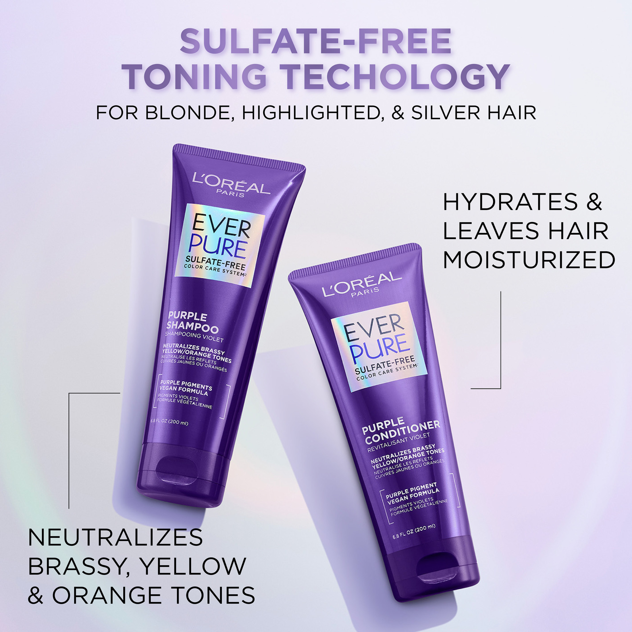 L'Oreal Paris Sulfate Free Purple Shampoo for Toning Blonde and Bleached Hair, EverPure 6.8 fl oz - image 3 of 11