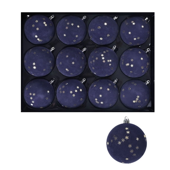 12 Pack 8cm Navy Blue Velvet Christmas Ornaments Snowflake Flocked Baubles Gift Box, Xmas Tree Decorations for Holiday Party Home Decor