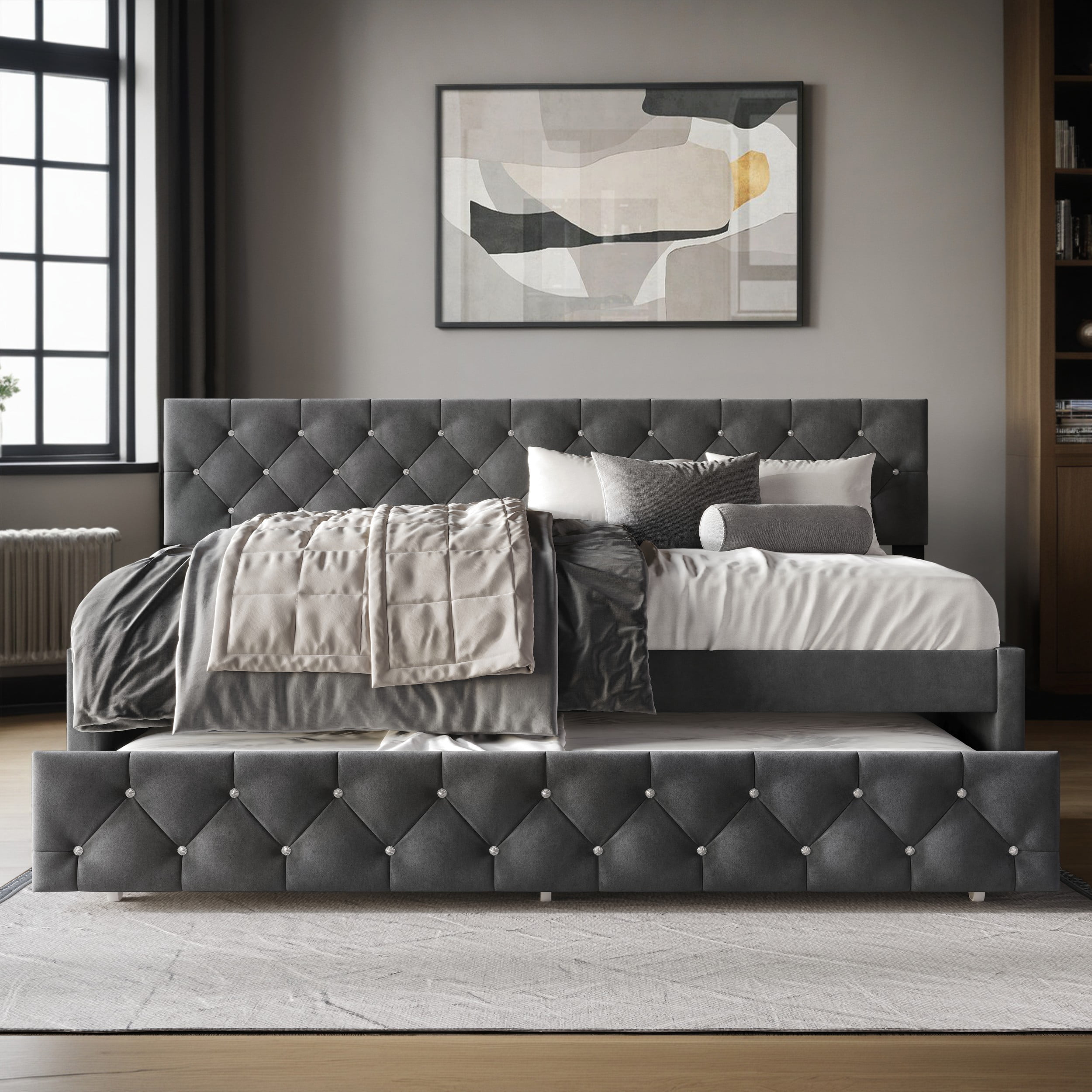 Home Design Darcey Luxurious Velvet Upholstered Daybed with Pull-Out Trundle, Diamond Button Tufted, Dark Gray, Easy Assembly
