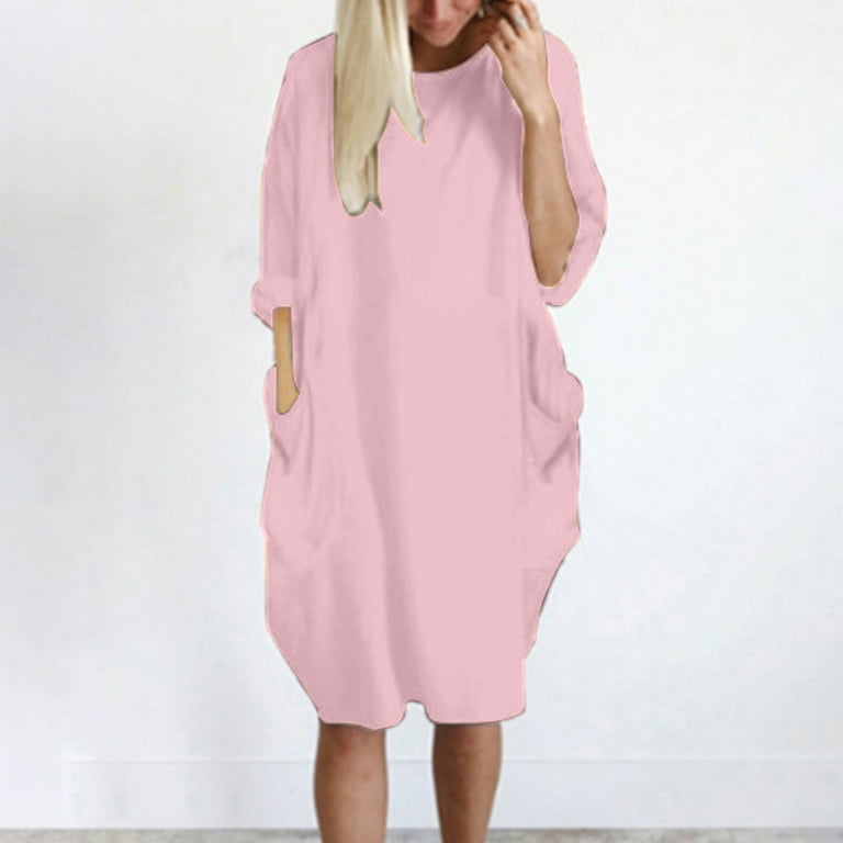 pink baggy dress Womens Baggy Midi Dress Pullover Summer Casual Loose Fit Dresses for Women Crew Neck Plus Size Dress with Pockets (Small, Pink)