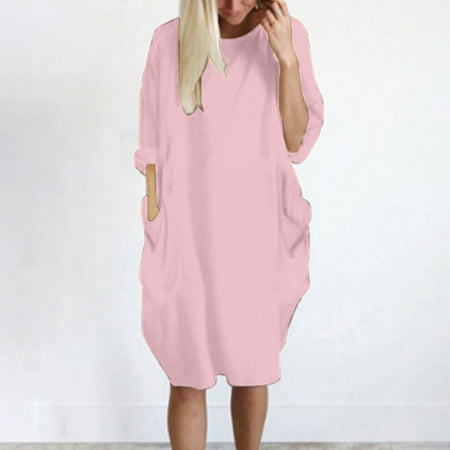 Ersazi Long Dresses for Women Casual on Clearance Womens Pocket Loose Dress Ladies Neck Casual Long Tops Dress Plus Size Pink 5Xl