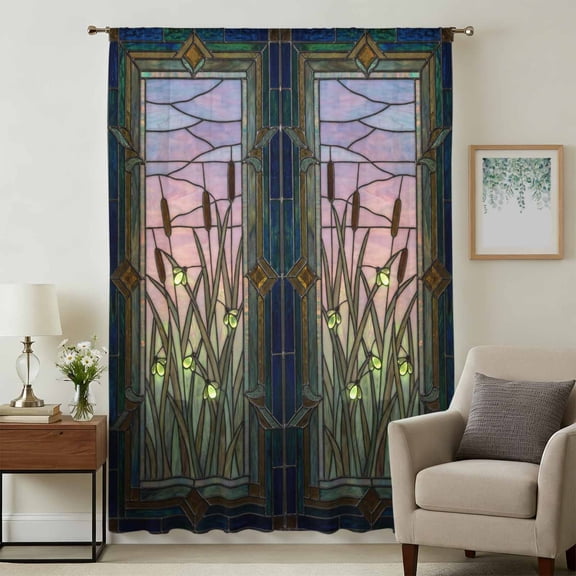 Stained Glass Sheer Curtains 84 Inches Long, Vintage Abstract Botanical Plant Light Filering Curtains, Breathable Simi Curtain Privacy Drapes for Living Room Bedroom Lightweight Window Treatment