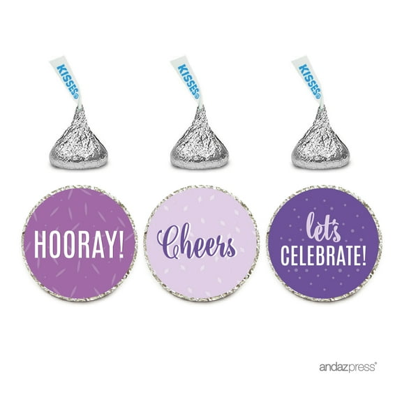 Lavender, Plum, Royal Purple Party, Chocolate Drop Labels Stickers Cheers! Hooray! Let's Celebrate, 216-Pack