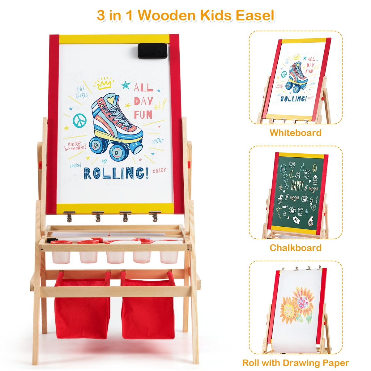 Costway Flip-Over Double-Sided Kids Art Easel Paper Roll Storage Bins