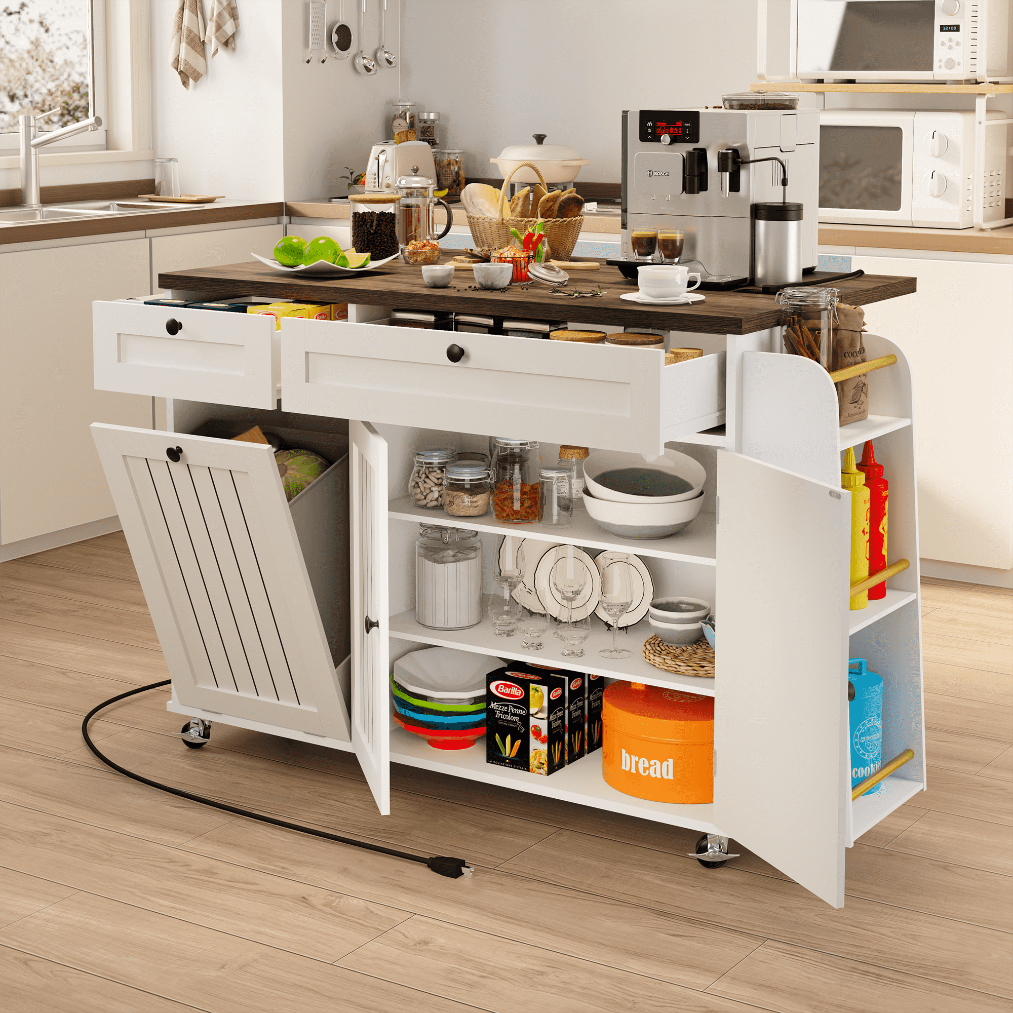 Mobile Folding Kitchen Island, Equipped with a power socket, USB interface, large capacity storage cabinet, drawers, 60 inch scroll wheel, kitchen island cart with hidden trash bin slot