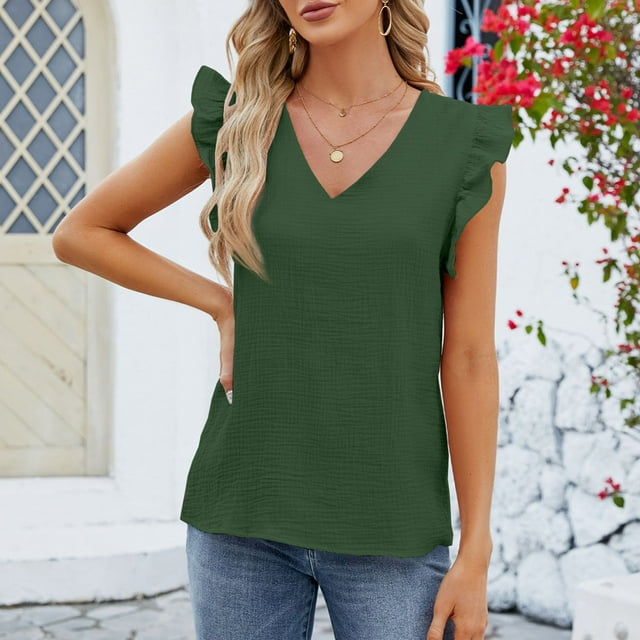 Fiudx Ofertas Flash Del Día Solo En Línea Blusa Informal de Moda para Mujer, Top Liso de Manga Corta con Cuello En V y Pliegues