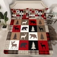 thumbnail image 3 of Feelyou Rustic Farmhouse Bear Twin Sheet Sets, Reindeer Moose Wildlife Twin Fitted Sheet, Red Brown Square Plaid Flat Sheet, Ultra Soft Bedroom Decor, 3-Piece, 3 of 8