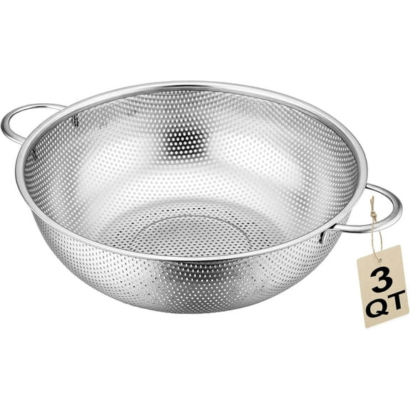 Stainless Steel Colander, 3-Quart Micro-Perforated Metal Colander Strainer with Handle for Kitchen/Draining Pasta/Rinsing Vegetables Fruits,Dishwasher Safe - 8.8 Inches