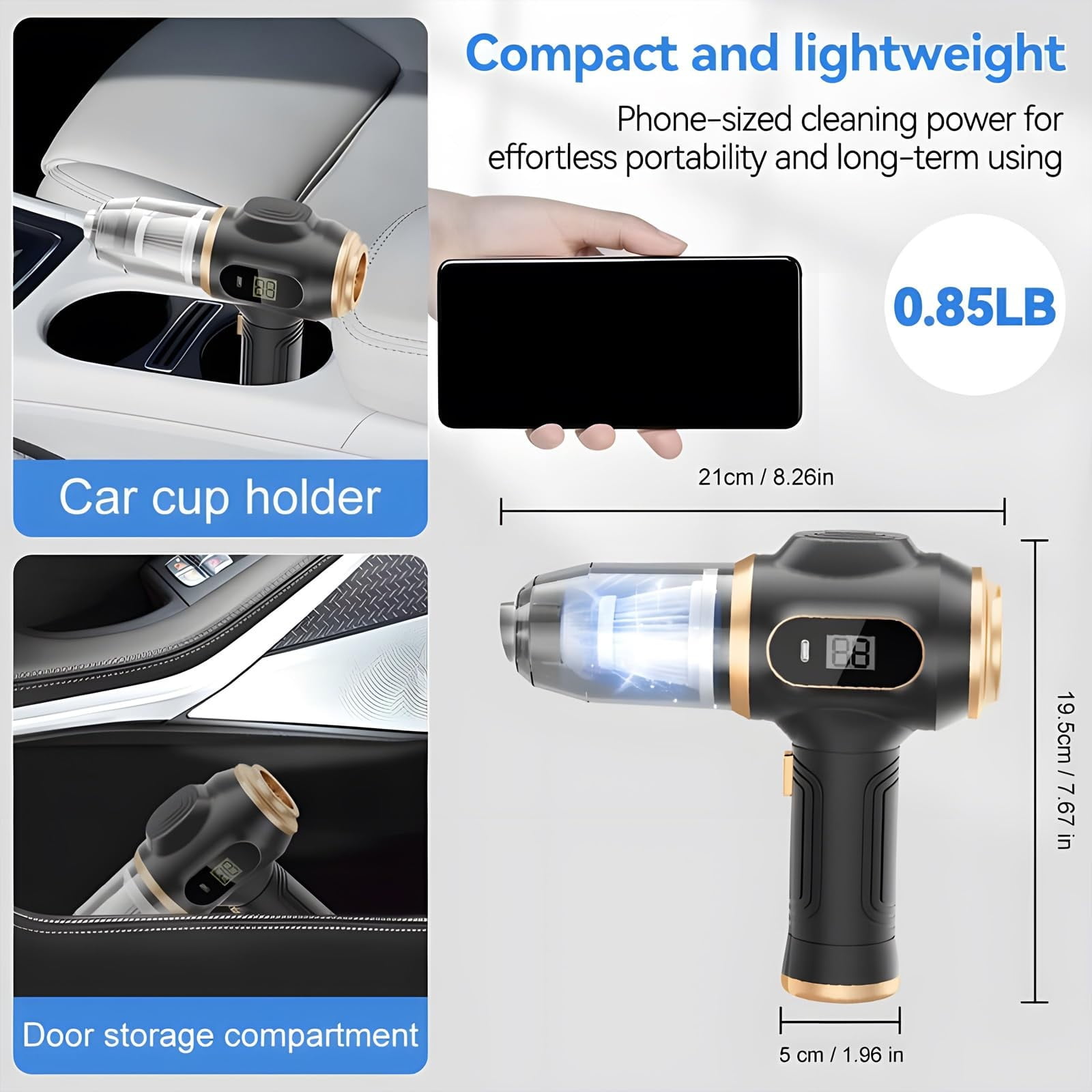 Cordless Handheld Vacuum Cleaner, Equipped with Portable Dust Cleaner, Vacuum Brush attachment, and Extra Accessories, Portable Car Vacuum Cordless Rechargeable for Wet and Dry