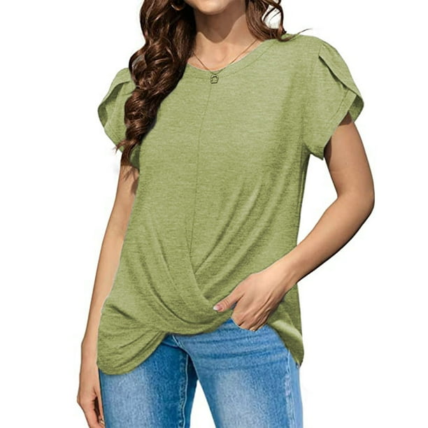 Tops con mangas de pétalos, camiseta de manga corta con cuello redondo, camisetas de color liso con mangas de pétalos, camiseta con dobladillo fruncido y cuello redondo, calidad inigualable