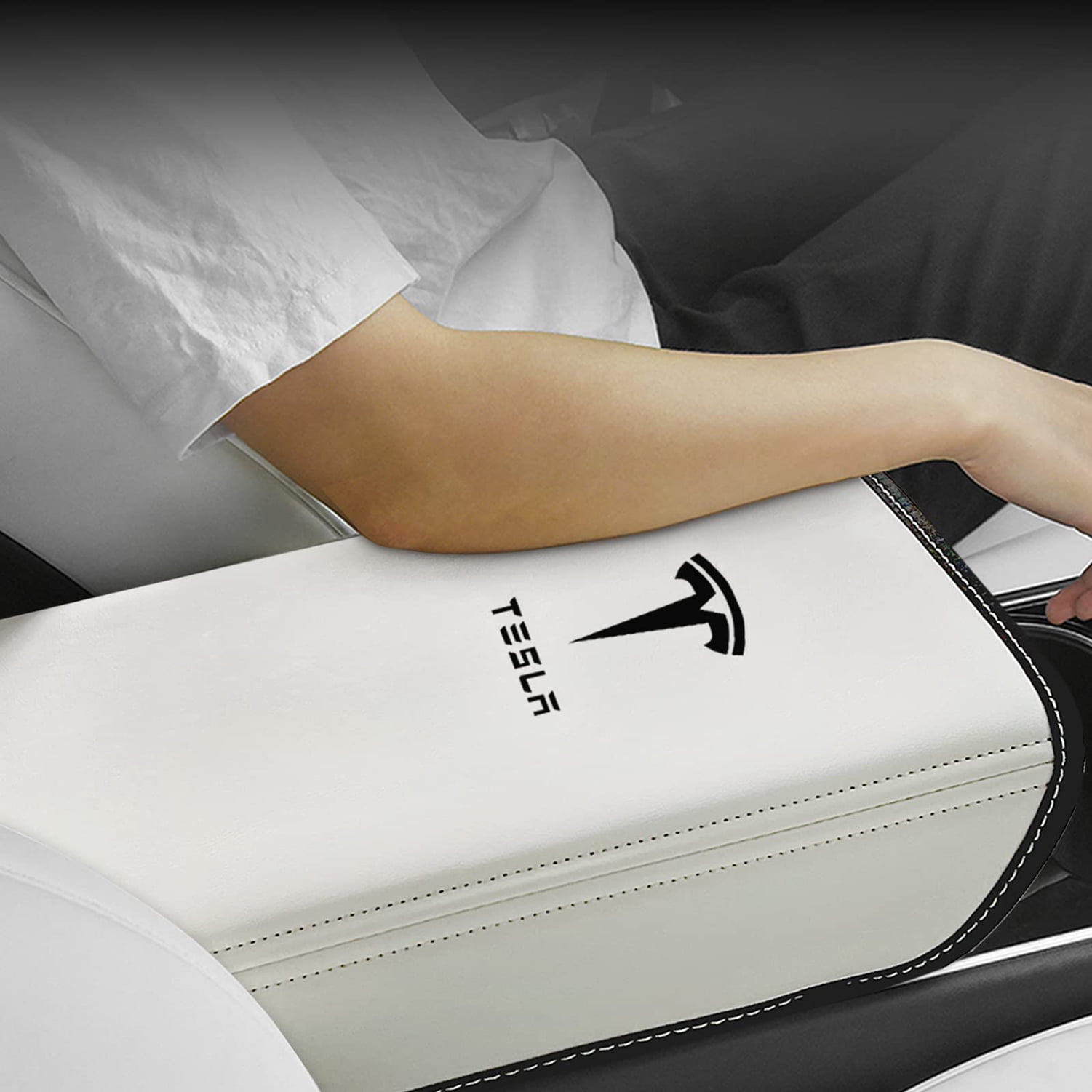 Center Console Cover for Tesla Model Y Model 3, Non-slip Armrest Cover for Tesla Model 3 Y Accessories, PU Leather Armrest Box Pad Protector (White)