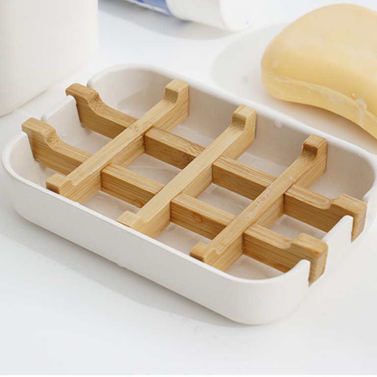 Ceramic Soap Dish With Bamboo Draining Rack 