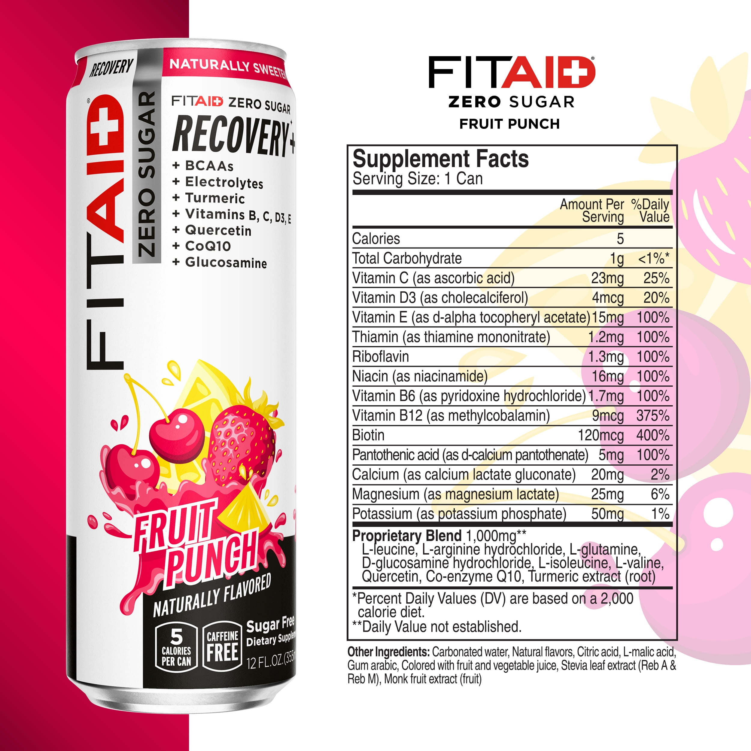 FITAID Zero Sugar Sports Recovery, Fruit Punch Flavor, 24 Ct, 12 oz Cans