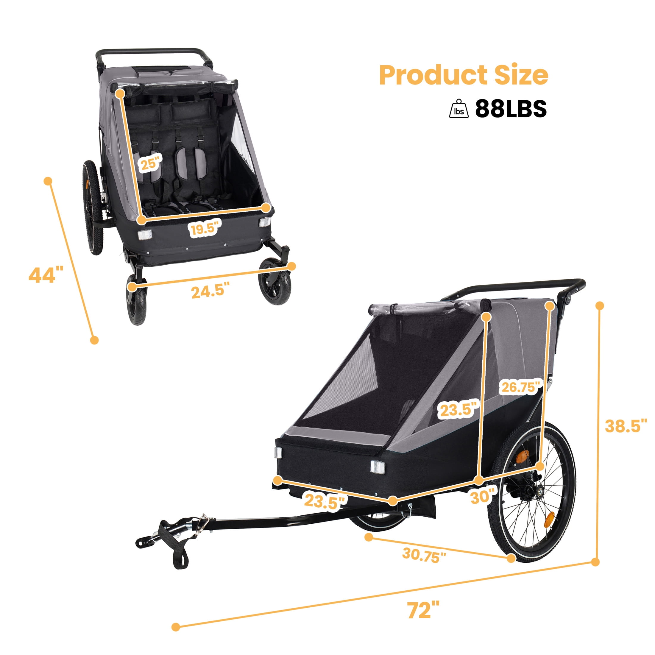 Noble House 2-in-1 Kids Bike Trailer & Jogging Stroller for 1 to 2 Children, Foldable Compact Storage Bags, Gray