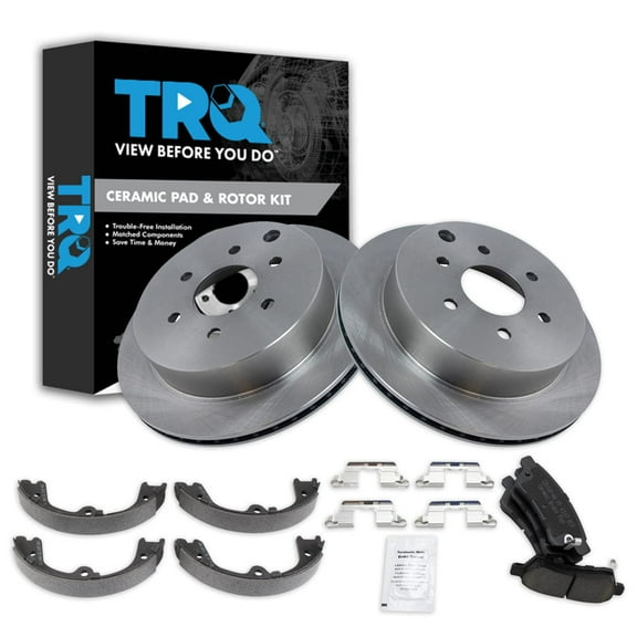 TRQ Rear Brake Pad & Rotor Kit Brake Pads Brake Rotor Parking Brake Shoe Set Ceramic Fits Select 2005-2019 Nissan Frontier 2005-2015 Xterra 2009-2012 Suzuki Equator
