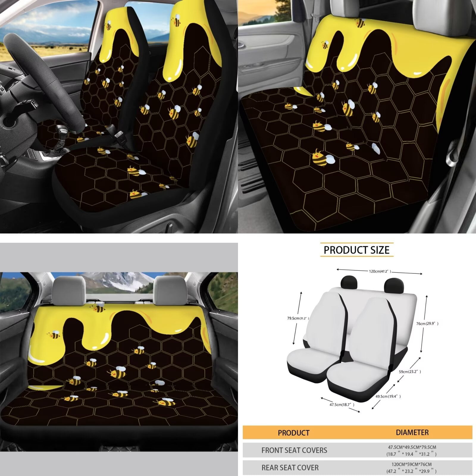 Garronmavis Bee Honey 16 Pcs Car Accessories Set Car Seat Belt Pads Cover Auto Keychain Holder Gear Shifting Knob Cover Cup Mats Front Window Sunshade Rearview Mirror Cover
