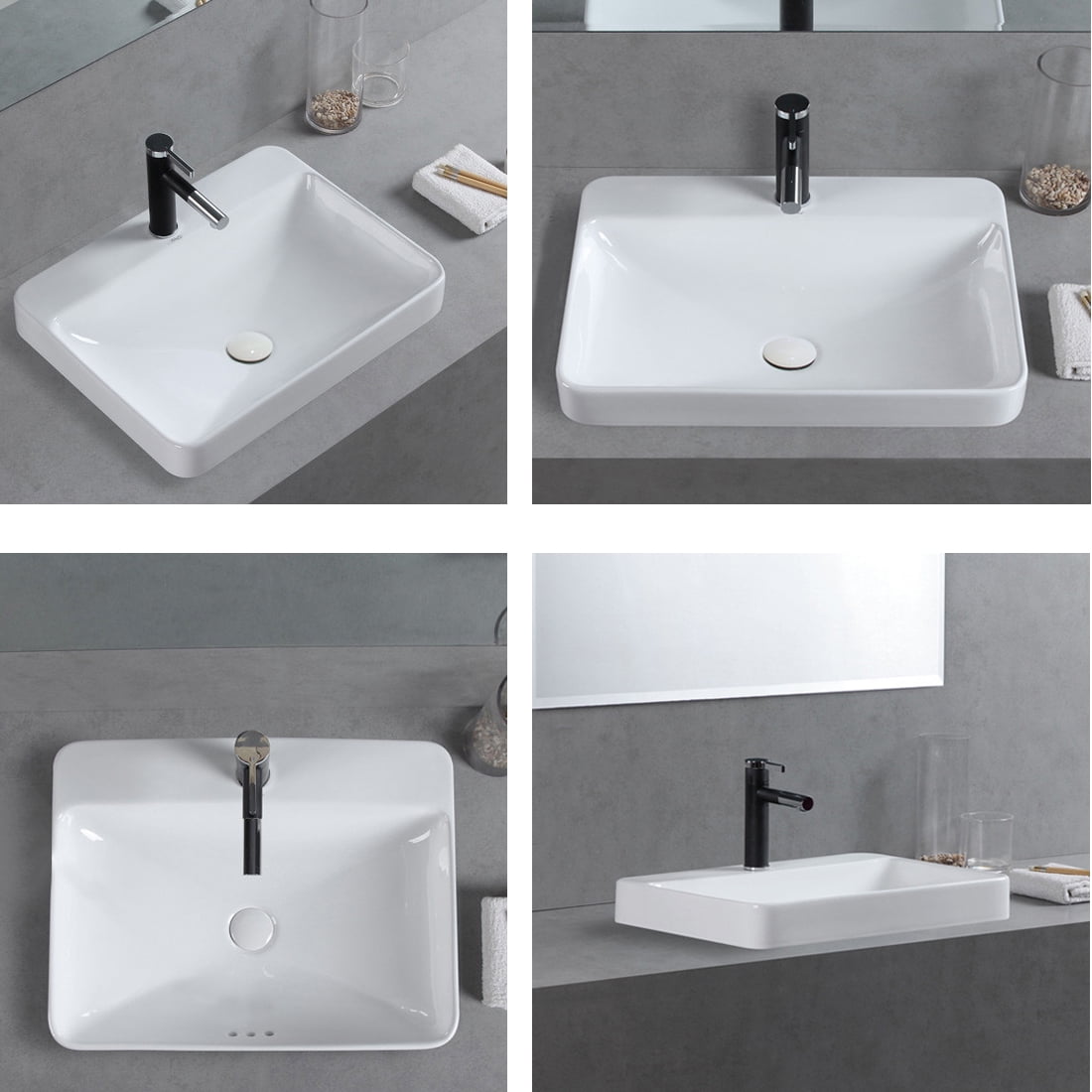 WinZo WZ6123 Drop-in Bathroom Sink, 23" Rectangle Semi-recessed Ceramic Vanity Vessel Basin White